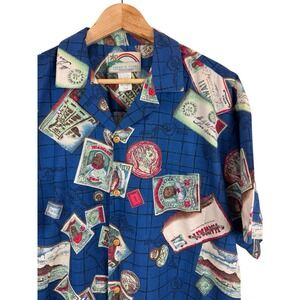 Paradise Found Men's Large Hawaiian Shirt Republic of Hawaii Currency  Blue Rare